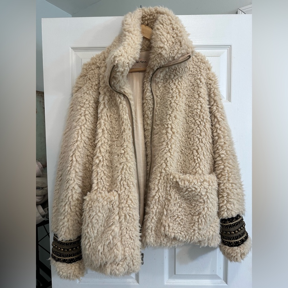 We The Free Fuzzy Jacket—beaded sleeves